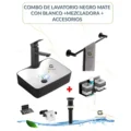 Combo De Lavatorio Negro Mate Con Blanco +Mezcladora + Accesorios