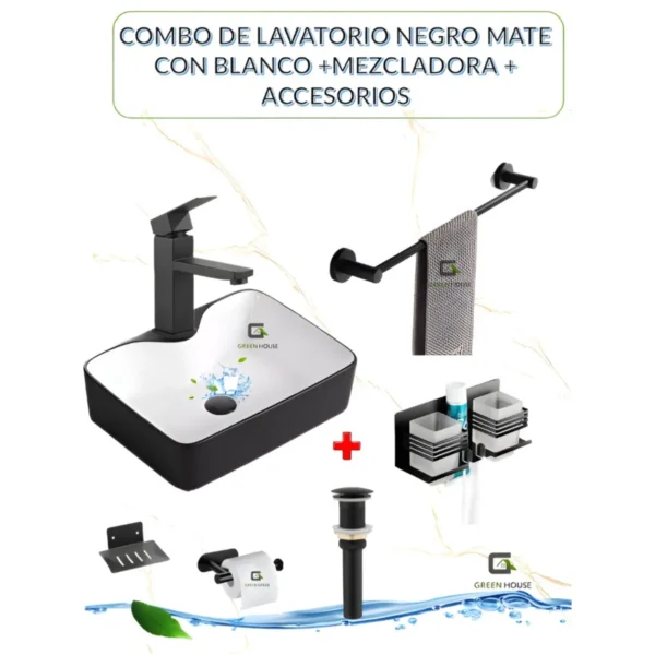 Combo De Lavatorio Negro Mate Con Blanco +Mezcladora + Accesorios