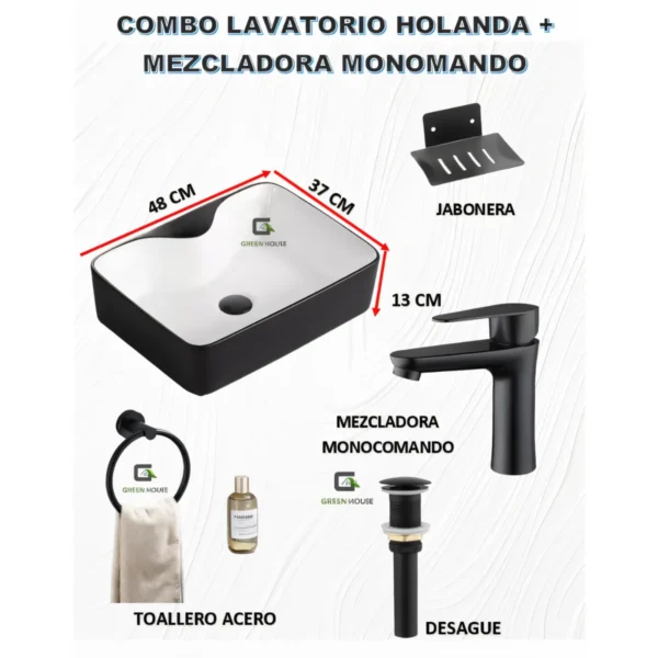 Combo De Lavatorio Holanda Negro Mate Con Blanco +Mezcladora Monomando