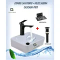 Combo Lavatorio Blanco + Mezcladora Pico Largo Negro + Desagüe