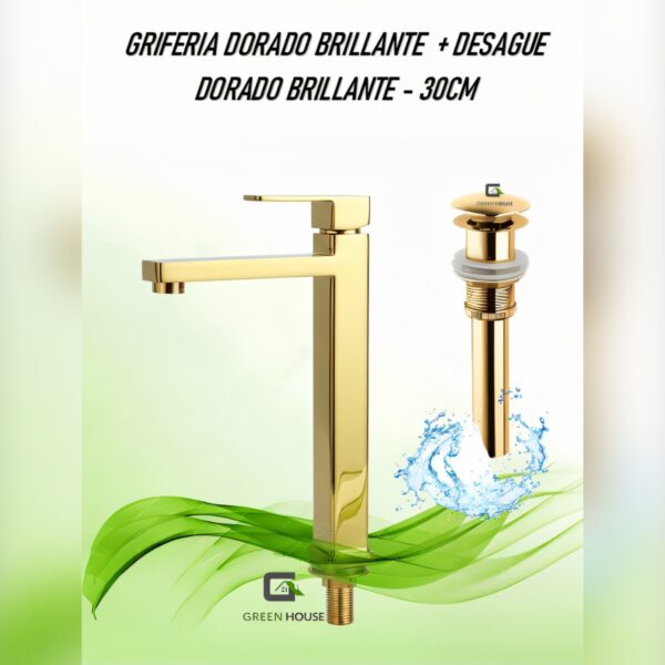 Grifería Lavatorio 30cm Dorado Agua Fría + Desagüe