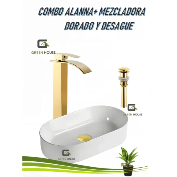 Combo G2 Lavatorio Alanna +Mezcladora Monocomando Dorado Brillante