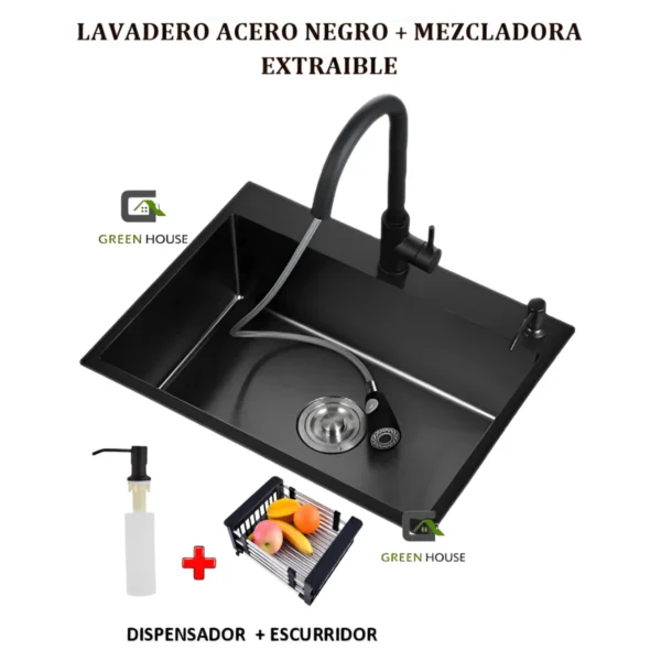 Combo Lavadero 60x45x23cm Negro + Mezcladora Extraíble Negra