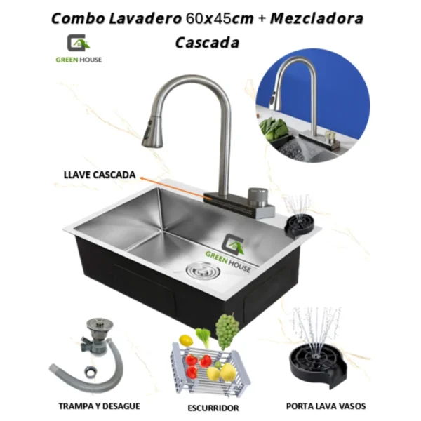 Combo Lavadero De Cocina Modelo Pozón 81x48x22cm Acero + Mezcladora
