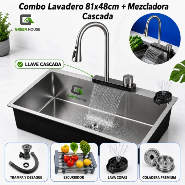 Combo Lavadero De Cocina Modelo Pozón 81x48x22cm Acero + Mezcladora