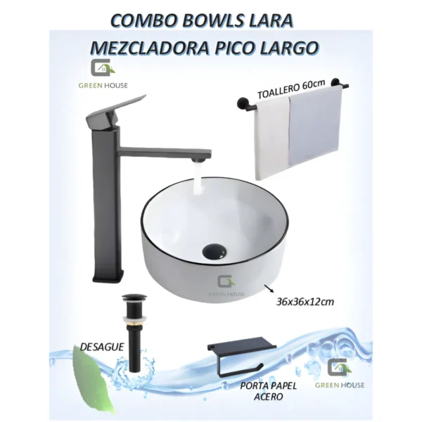 Combo Bowls Lara + Mezcladora Pico Largo Mp13 + Desagüe Negro