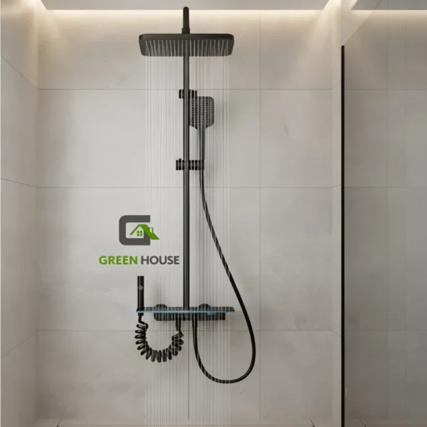 web nnn Columna De Ducha Negro Con Panel De Vidrio Detalle Azul Y Con 4 Funciones