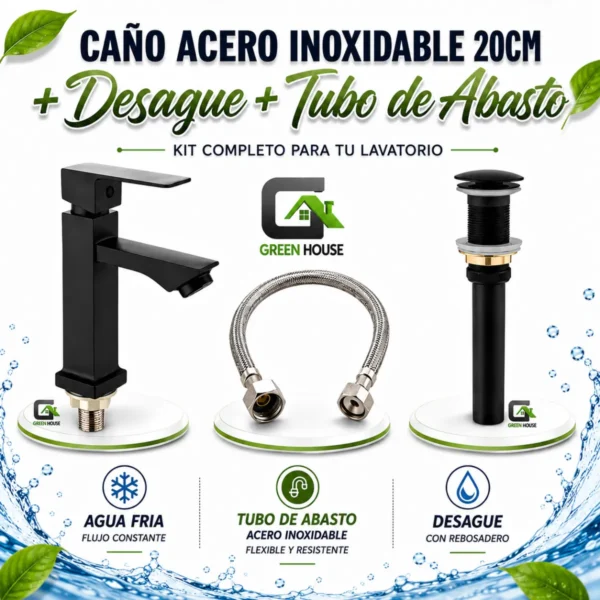 Griferia Acero Inoxidable 20cm Negro Agua Fría + Desagüe + Tubo Abasto