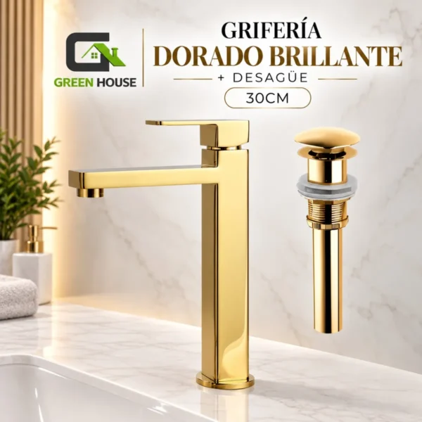 Grifería Lavatorio 30cm Dorado Agua Fría + Desagüe