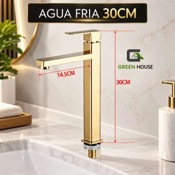 Grifería Lavatorio 30cm Dorado Agua Fría + Desagüe