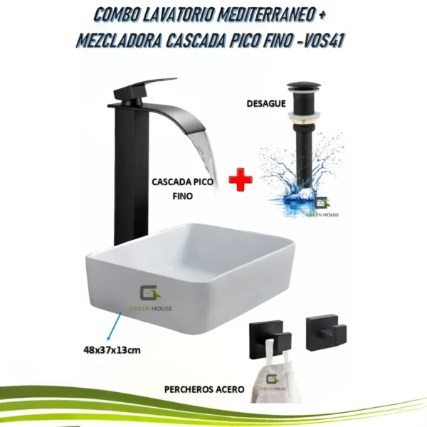 Combo Lavatorio Mediterráneo + Mezcladora Cascada Pico Fino -Vos41