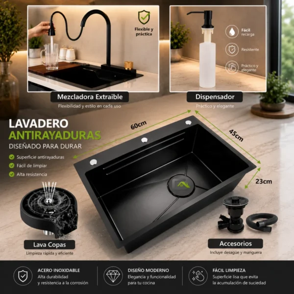Combo Lavadero 60x45 Negro Con Panal Antirayaduras