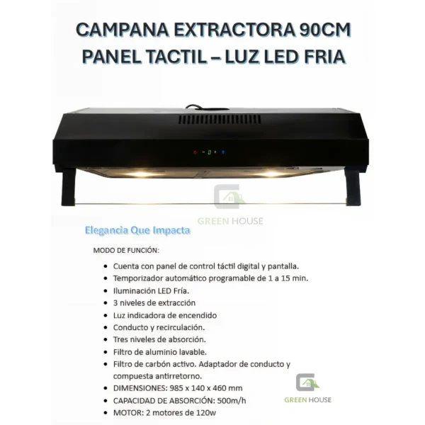 Campana Extractora 90cm Panel Tactil – Illuminacion Led Fria