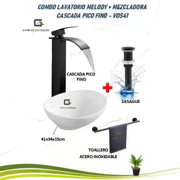 Combo Lavatorio Melody + Mezcladora Cascada Pico Fino - Vos41