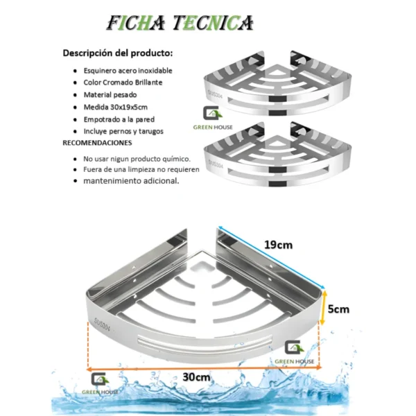 Esquinero Organizador Ducha- Cocina Cromado Brillante Acero Pack 2 Unidades