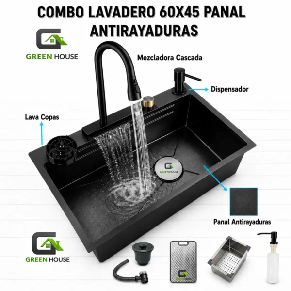 Combo Lavadero 60x45 Negro Con Panal Antirayaduras