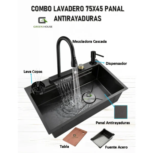 Combo Lavadero 75x45 Negro Con Panal Antirayaduras