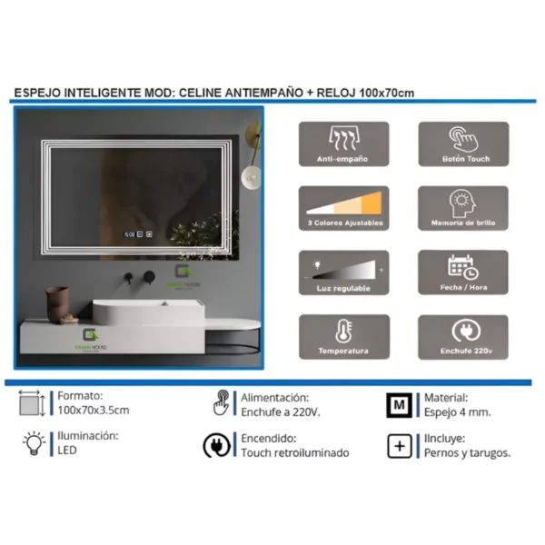 Espejo Inteligente Mod Celine Antiempaño + Reloj 100x70cm