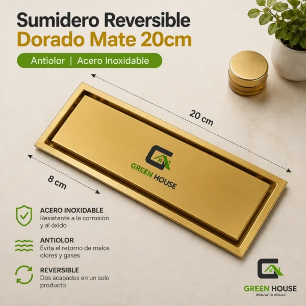 Sumidero Reversible Dorado Mate 8x20cm Antiolor Acero Inoxidable