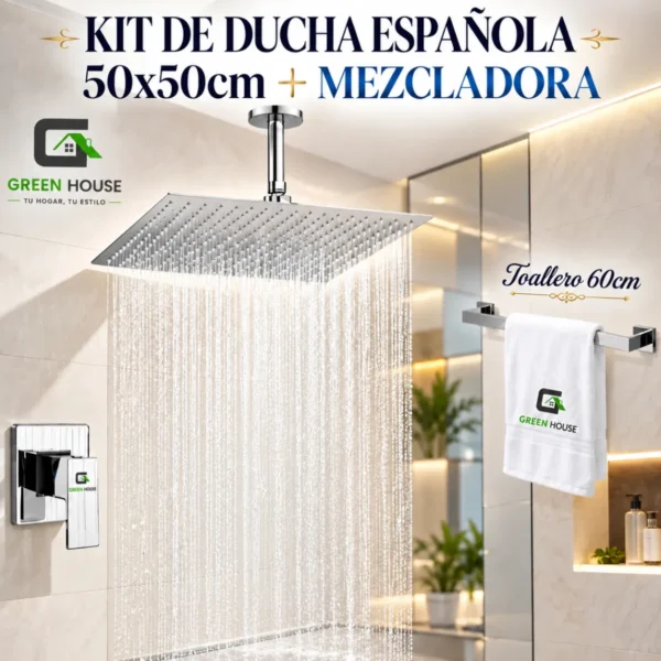 Kit De Ducha Española 20" Pesada Acero Inoxidable 50x50cm-Mezcladora