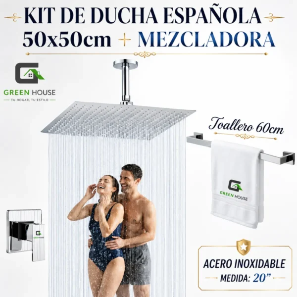 KIT DE DUCHA ESPAÑOLA 20" ACERO INOXIDABLE 50X50CM + MEZCLADORA DE DUCHA