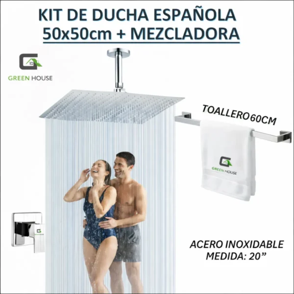 Kit De Ducha Española 20" Acero Inoxidable 50x50cm + Mezcladora De Ducha