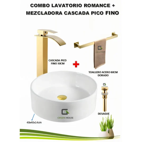 Combo Romance Dorado + Mezcladora Cascada Pico Fino 30cm Vos46