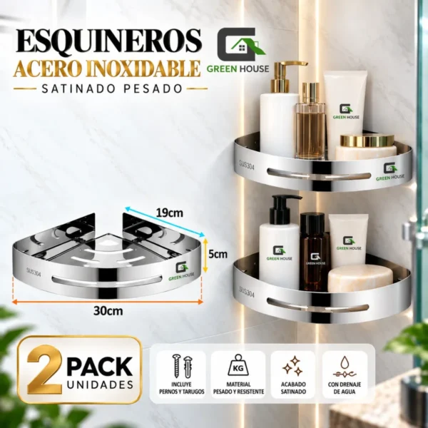 Esquinero Organizador Ducha- Cocina Acero Inoxidable Satinado Pack 2 Unidades