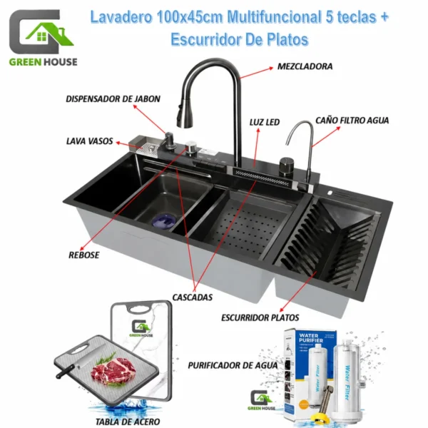 Lavadero 100x45cm Multifuncional 5 teclas + Escurridor De Platos