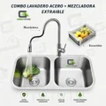 Combo Lavadero De Cocina 2 Pozas Rectilineo Cromado + Mezcladora Extraible