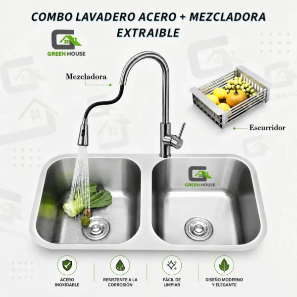 Combo Lavadero De Cocina 2 Pozas Rectilineo Cromado + Mezcladora Extraible