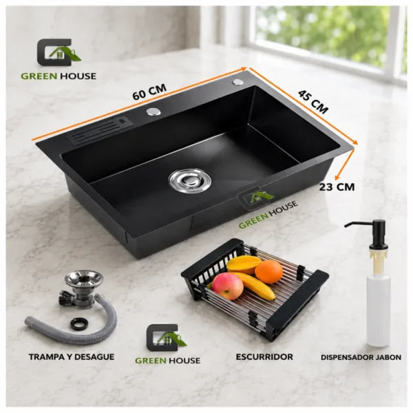 Lavadero Acero Nano Black C/Porta Cuchillo 60x45x23cm