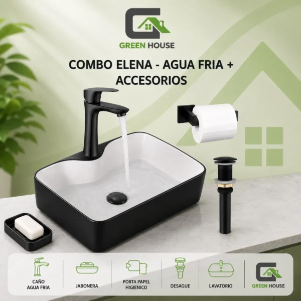 Combo Lavatorio Elena Con Griferia Agua Fria + Accesorios