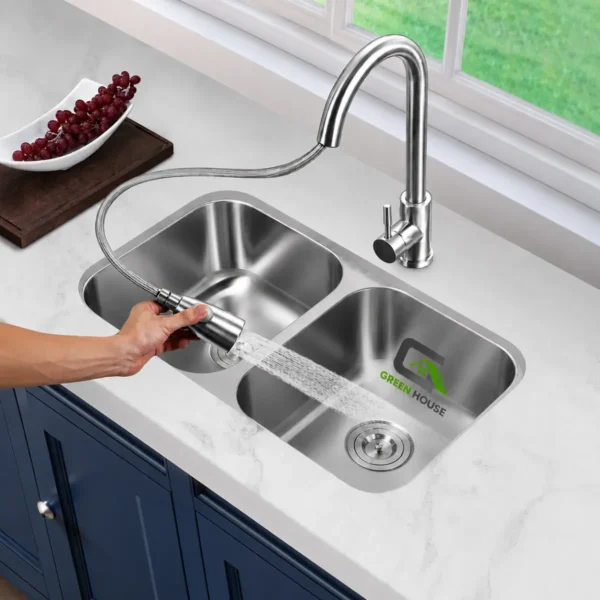 Combo Lavadero De Cocina 2 Pozas Rectilineo Cromado + Mezcladora Extraible
