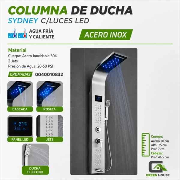 Columna De Ducha Sydney Con Luz Led Satinado Acero Inoxidable