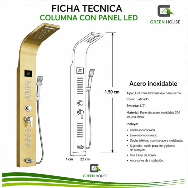 Columna De Ducha Nepal Con Luz Led Dorado Brillante Acero Inoxidable