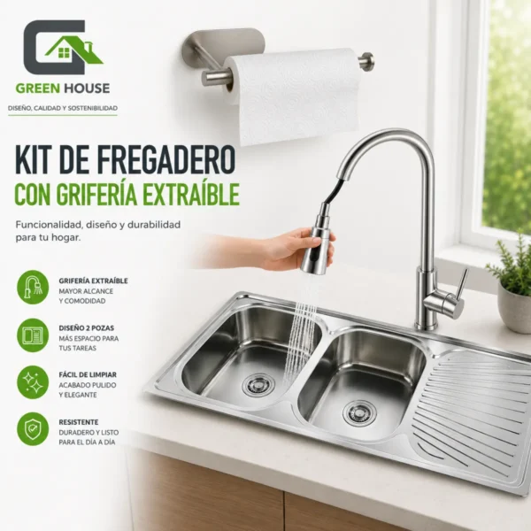 Combo Lavadero De Cocina 2 Pozas Con Escurridor + Mezcladora Extraible