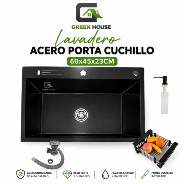 Lavadero Acero Nano Black C/Porta Cuchillo 60x45x23cm