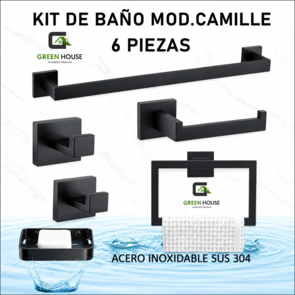 Kit De Baño Mod Camille Acero Inoxidable Negro Mate Pesado