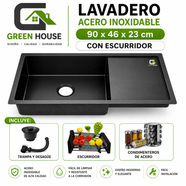 Lavadero Acero Nano Black Con Escurridor 90x46x23cm