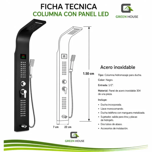 Columna De Ducha Berlin Con Luz Led Negro Acero Inoxidable