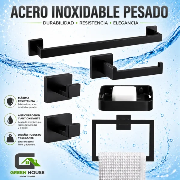 Kit De Baño Mod Camille Acero Inoxidable Negro Mate Pesado