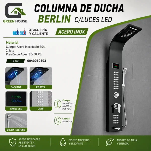 Columna De Ducha Berlin Con Luz Led Negro Acero Inoxidable