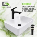Combo De Lavatorio Cuadrado Mas Griferia Color Negro Y Desague