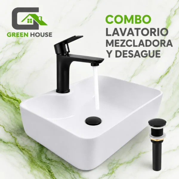 Combo De Lavatorio Cuadrado Mas Griferia Color Negro Y Desague