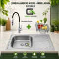 Combo Lavadero Acero + Mezcladora Flexible Negro