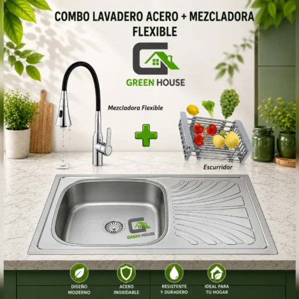 Combo Lavadero Acero + Mezcladora Flexible Negro