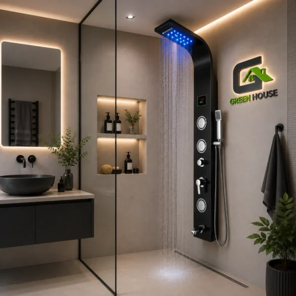 Columna De Ducha Bretaña Con Luz Led Negro Acero Inoxidable