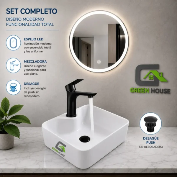 Combo De Lavatorio Cuadrado Mezcladora Espejo Led Y Desagüe