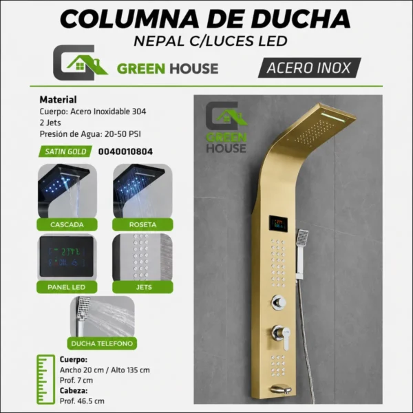 Columna De Ducha Nepal Con Luz Led Dorado Brillante Acero Inoxidable